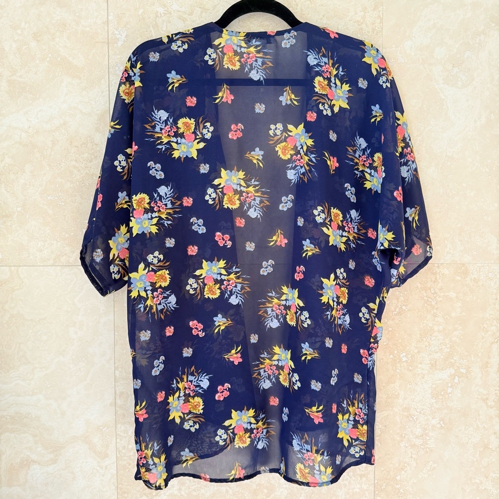 Dizzy Gal Navy Floral Kimono Cover Up Sheer Chiffon Bathing Suit Medium - Picture 3 of 4